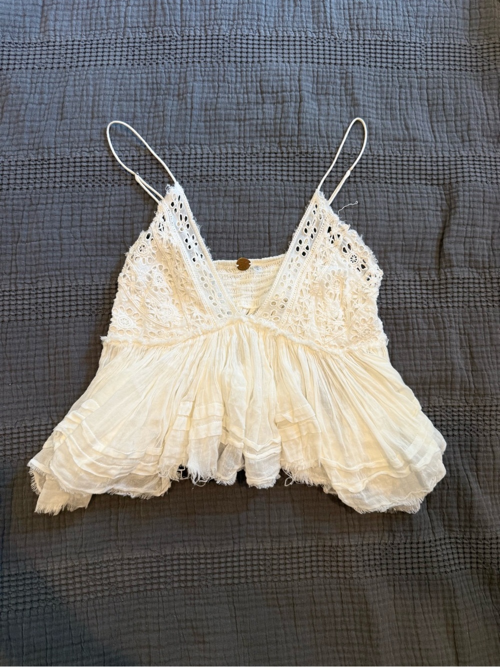 Free People Lace-Trim Ruffle Cream Spaghetti Strap Tank Top